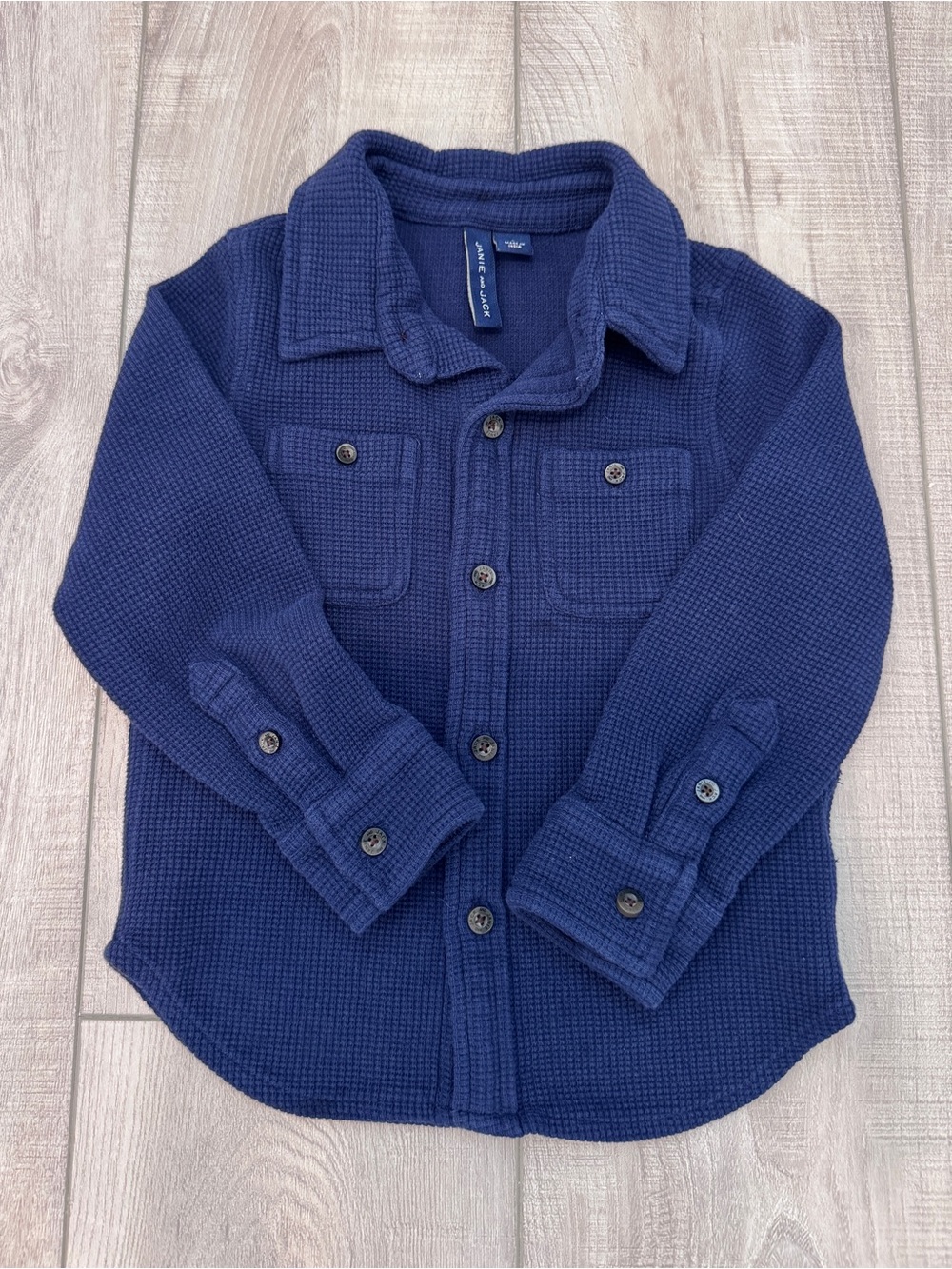 Janie and Jack Navy Waffle-Knit Button Shirt with Gray/Black Buttons Boys 3